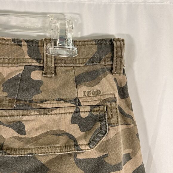 Izod Camo Cargo Shorts Men's 36 Green Button Zip Hook Loop Pockets 100% Cotton - Picture 7 of 8